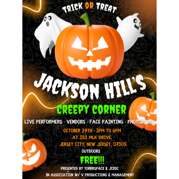 The flyer has a jack-o-lantern with ghosts coming from behind it. There are other jack-o-lanterns on the bottom left and right center of the flyer. The information is listed from the center of the page down. 
