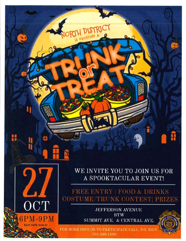 Flyer has black background with a picture of a candy filled car trunk