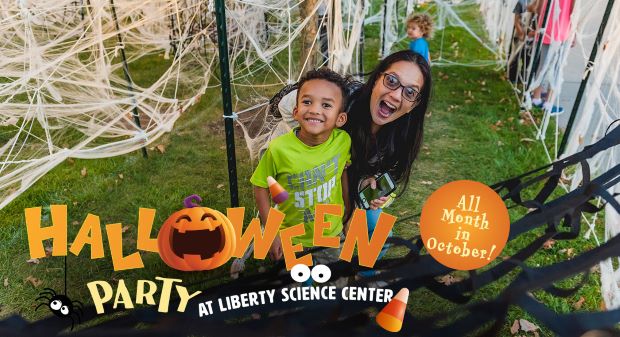A picture of a woman and a child smiling and laughing. They are outside and there are cobwebs decorating the grass area. Along the bottom is says Halloween Party and information for the events.