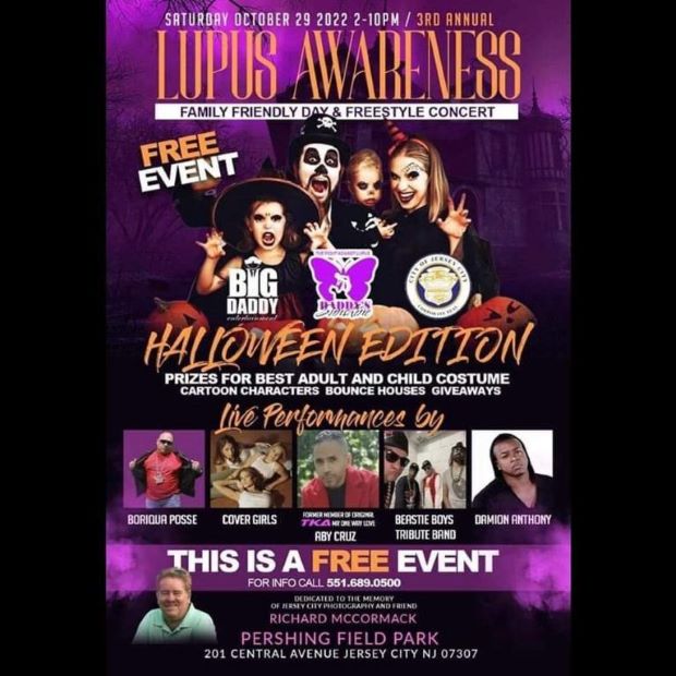 The flyer is shades of purple and pink with a shadow of a haunted house behind a family dressed for Halloween. The announcement is at the top of the page with details in the center of the page and bottom of the page. The lower portion of the page has pictures of the performers. 