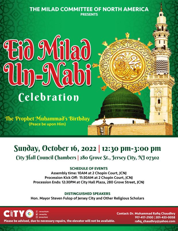 The flyer is green along the top half of the page. There is a mosque on the right side with a gold emblem above it. To the let is the announcement of the celebration listed there and in the middle of the page to the bottom of the page.  