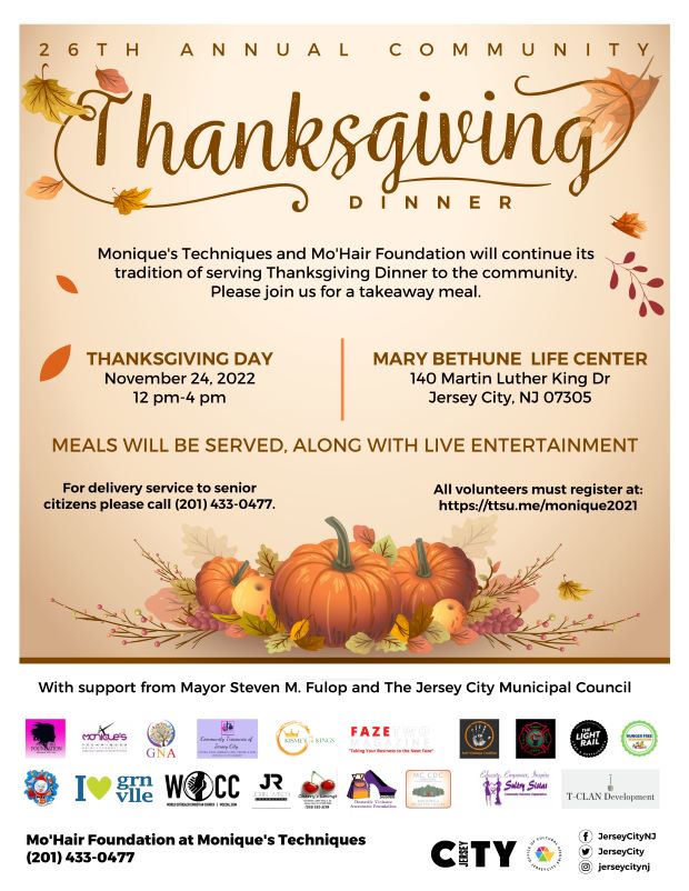 The flyer has a Thanksgiving theme colored shades of tan with leaves falling. The bottom of the page are 3 pumpkins with decorative leaves and branches.