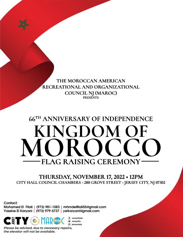 The flyer is white with part of the Moroccan flag in the top left corner and lower right corner. The information for the flag raising is listed in the center of the page down to the bottom of the page. 