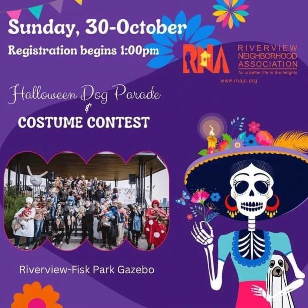A purple flyer with Day of the Dead skeleton in the lower right corner. The information is listed along the left side of the page including a picture of last years group of people in costumes.