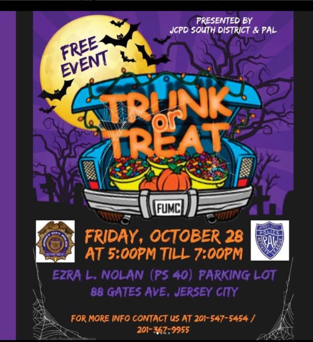 The flyer is purple with a full moon in the left hand corner with bats flying and a silhouette of a haunted cemetery. The center of the page is a blue car with the trunk opened and filed with baskets of treats and 2 pumpkins. The information is listed along the bottom of the page.    