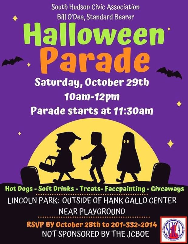 The flyer is a purple sky with some stars and bats flying. There is a moon rising and a silhouette of tombstones and children in costumes walking in front of the rising full moon. The information is listed at the top of the page and the bottom of the page.  