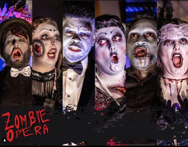 There are six pictures of opera singers all dressed in zombie costumes singing. 