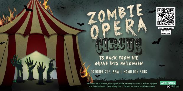 The flyer is a grey/black night ski with bats flying around. There is a red and white circus on fire and the tent opening are 4 zombie hands coming out of the ground. The right side of the page is the information about the event.