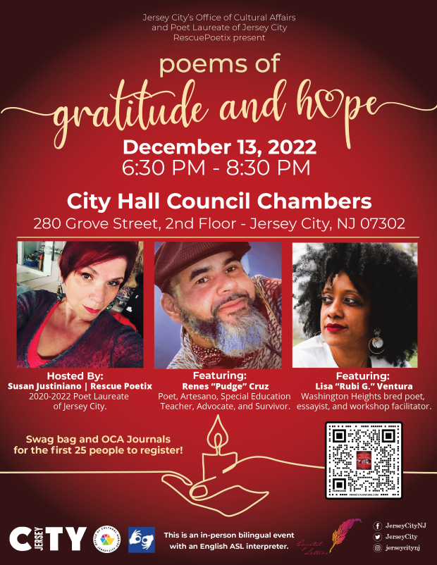 A red flyer with the three poets pictures in the center of the page. The information for the event is above and below the pictures.