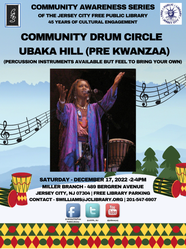 The flyer is sky blue with a silhouette of mountains. There is a band scrolling through the middle of the page with music notes in it. The bottom has a geometric pattern of red, yellow and green shapes. There are some trees on the lower right side along with some drums on the left and right. The center is a picture of Ubaka Hill. The information for the event is listed at the top and bottom of the page.