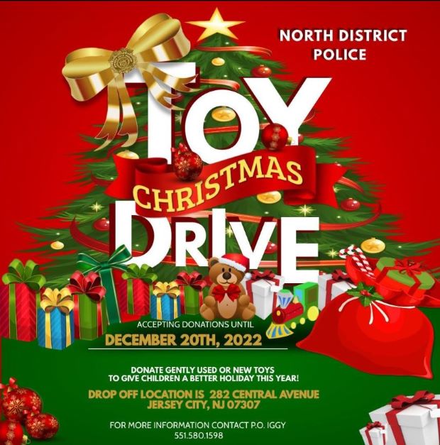 Christmas Toy Drive flyer is red with green at the bottom of the page. There is a decorated Christmas tree with toys under it. The information is listed in the center of the page from the top to the bottom.