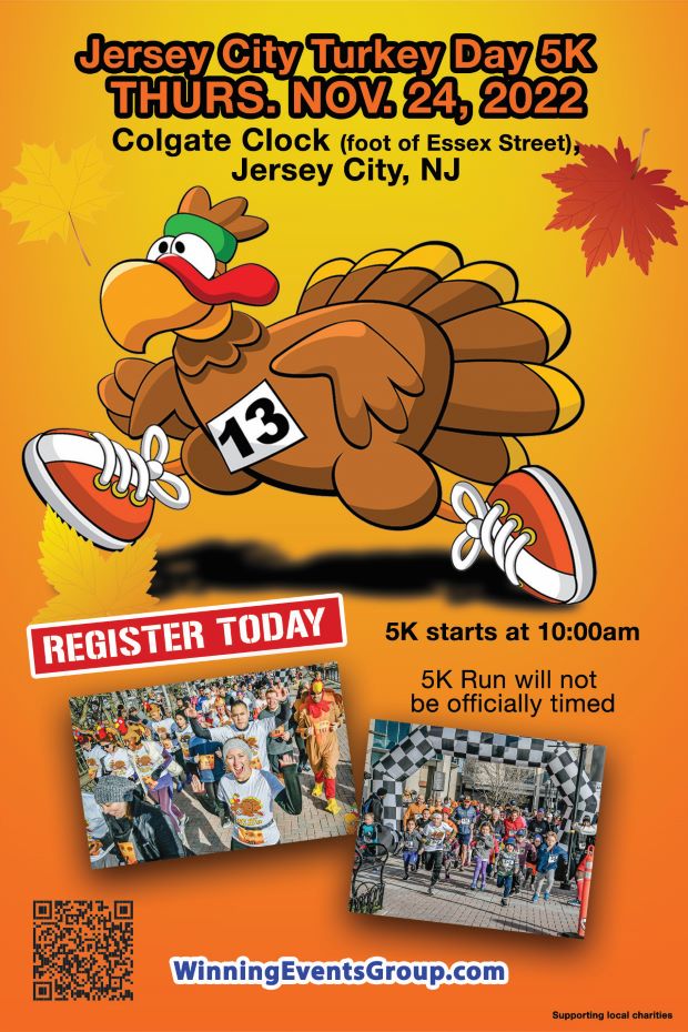 The flyer is shaded yellow at the top into orange at the bottom. There is a cartoon picture of a turkey with running shoes on and a green head band along the top half of the page. There are 2 group pictures at the bottom of the page from last years run. The information is listed at the top of the page