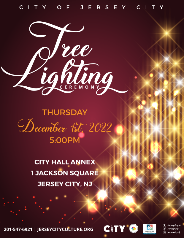 The flyer is burgundy with a brightly lit Christmas tree on the right side. The information for the even is listed from top to bottom on the left side of the page.