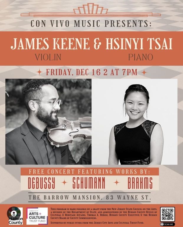 The flyer has grey and tan diamond design with orange highlighted horizontal on the top and bottom of the page. There is a pictures of the two artists in the center. The information is listed above and below the pictures.