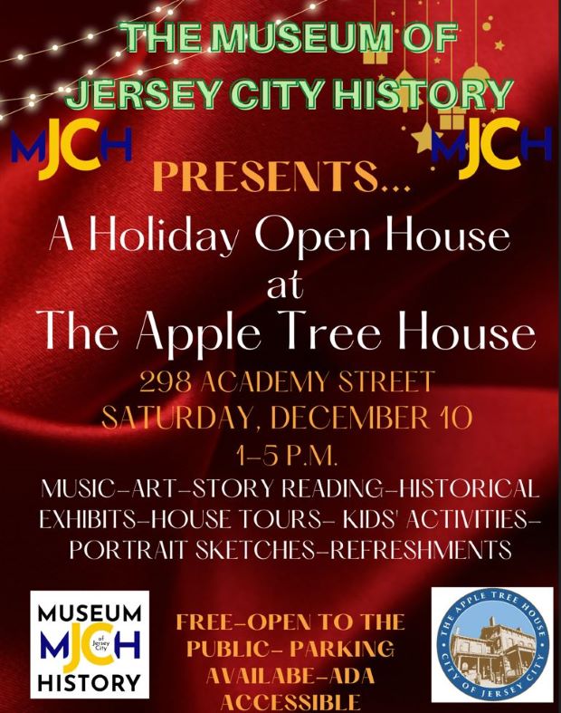 A red satin color flyer with twinkle lights and some gold ornaments hanging from the top of the flyer. The information is listed from the top to the bottom of the flyer.