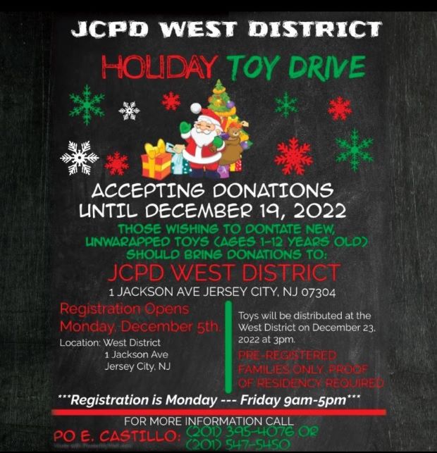 The flyer is black with the print in white, red and green. There is a picture of Santa with his sack full of toys and presents by the tree. There are snowflakes to the left and right of the tree. The information for the event is listed from the center of the page to the bottom. 
