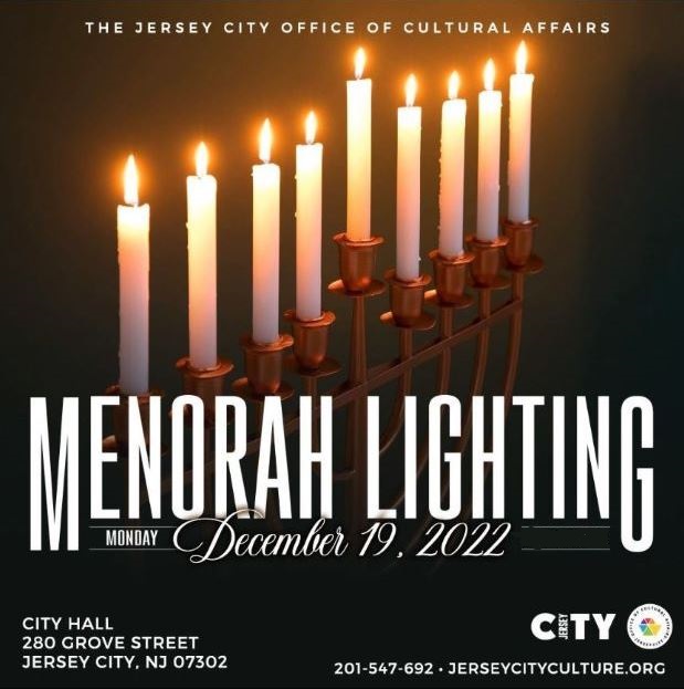 The flyer is a menorah with all the candles lit on the top half of the page. The lower portion of the page is the information for the event.