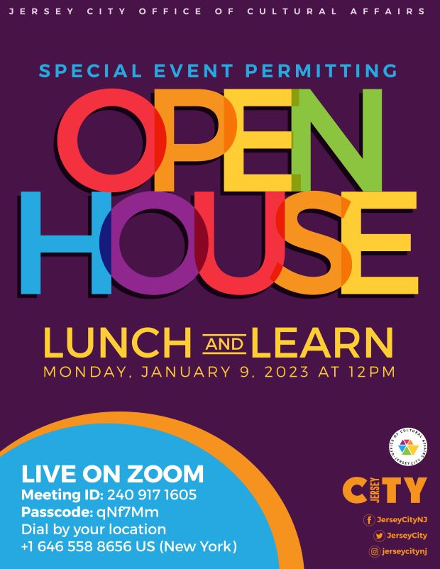 A purple flyer with OPEN HOUSE in red, orange, yellow, green and blue letters in the middle. The information is listed throughout the entire page.