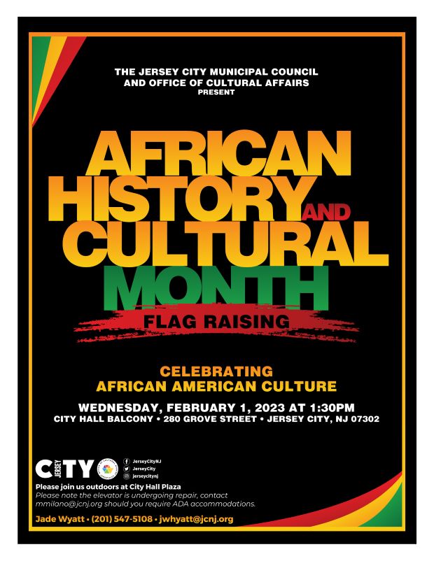 Black background flyer with the information written in yellow, red and green centered with all the information for the flag raising.