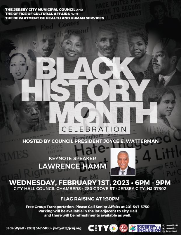 The flyer is a faded black with images of black historical figures displayed with all the information listed from the top to the bottom of the page. 