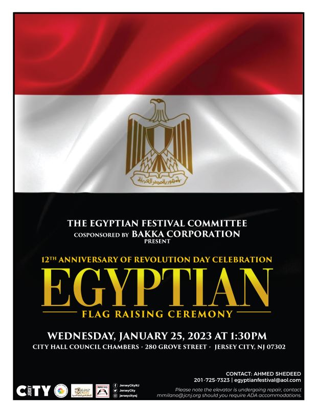 The flyer is the Egyptian Flag. Horizontal lines of red, white then larger section of black. In the black section at the bottom is all the information for the flag raising.