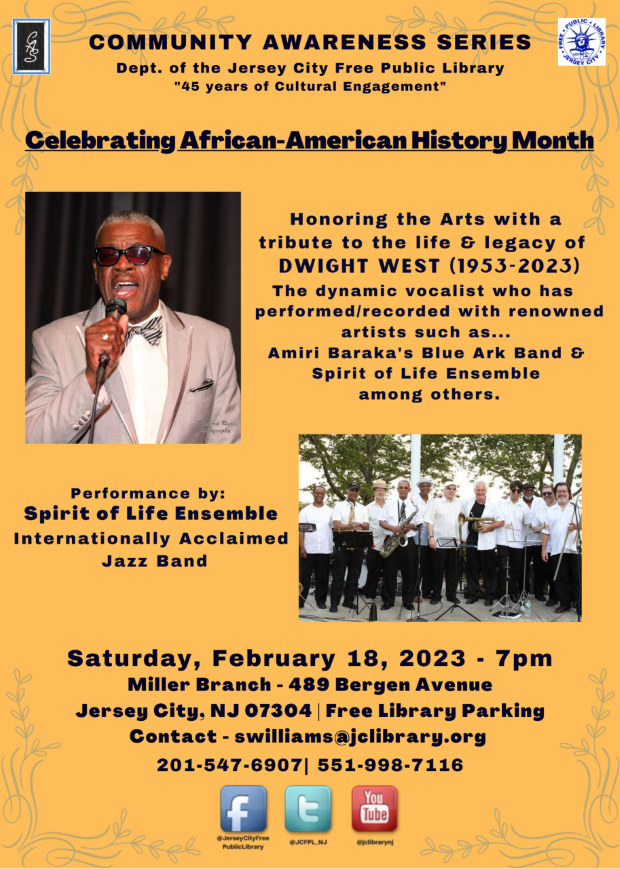 The flyer has information listed throughout the entire flyer. On the top left side is a picture of Dwight West. The lower right side is a picture of the band Spirit of Life Ensemble.