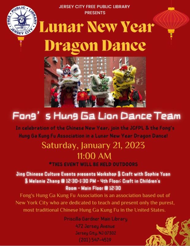 The flyer is red with a picture of dragons and people marching in a parade in the top center of the page. The information for the event is listed from the top down to the bottom of the page. 