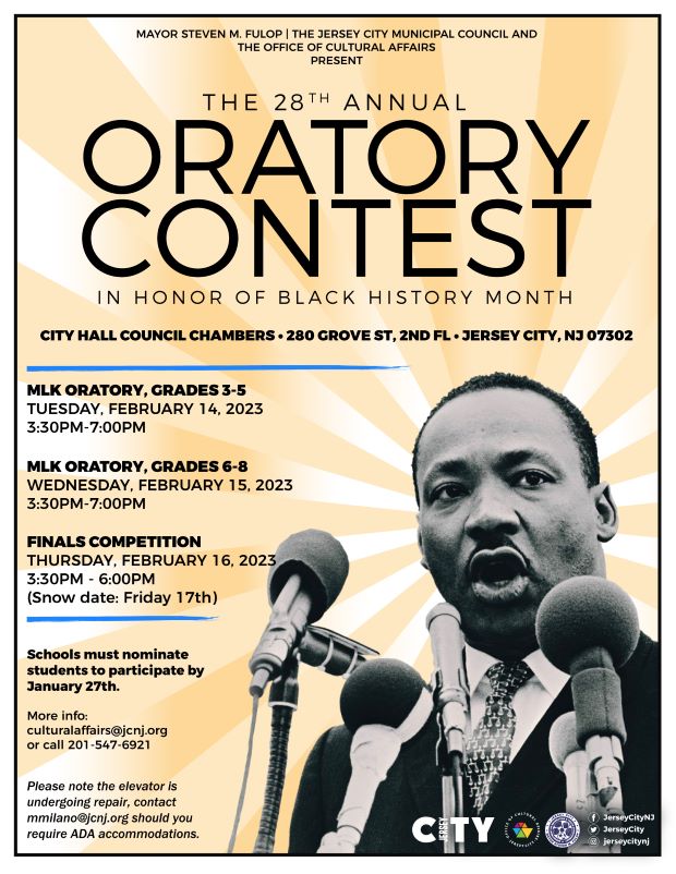 The flyer is set with a background that looks like rays of sunlight done in pale yellow and white shading. The content is listed on top and down the left had side of the flyer. MLK Jr is on the right side talking in to many microphones and the rays of light are coming from behind MLK Jr head.