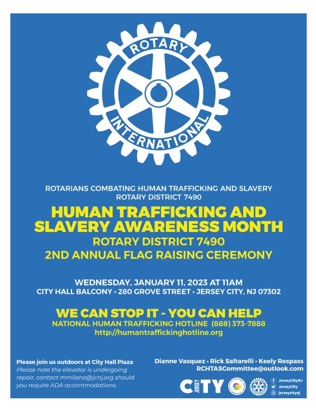The Rotary flag is depicted as a background on the flyer. The flag consists of a white field with the official wheel. The four depressed spaces on the rim of the Rotary wheel are colored royal blue. The name Rotary International is printed at the top and bottom. The shaft in the hub and the keyway of the wheel are white. Wordage detailing event appear down the center of the flyer in white and yellow