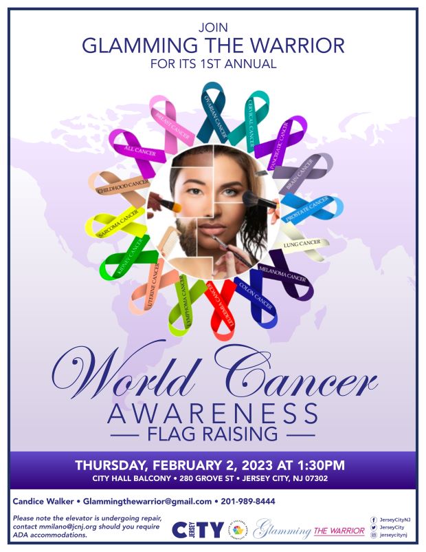 The flyer is a picture of the continents in lavender. In the center is a picture of parts of different faces being made up both men and women faces combined. Around the picture are all the colored ribbons of cancer awareness. The information for the event is titled at the top of the page and all information is listed on the bottom section of the page.