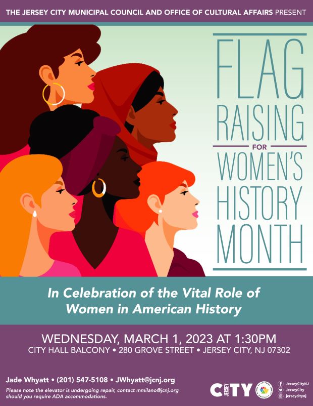 The flyer has purple along the top and bottom with information listed. The left side of the page are 5 caricatures of different raises of women. To the right of that is the announcement of Women's History Month.