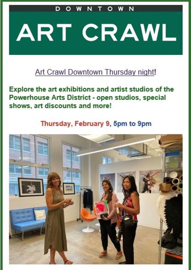 The information is listed a the top of the flyer above a picture of 3 women at an art gallery. 