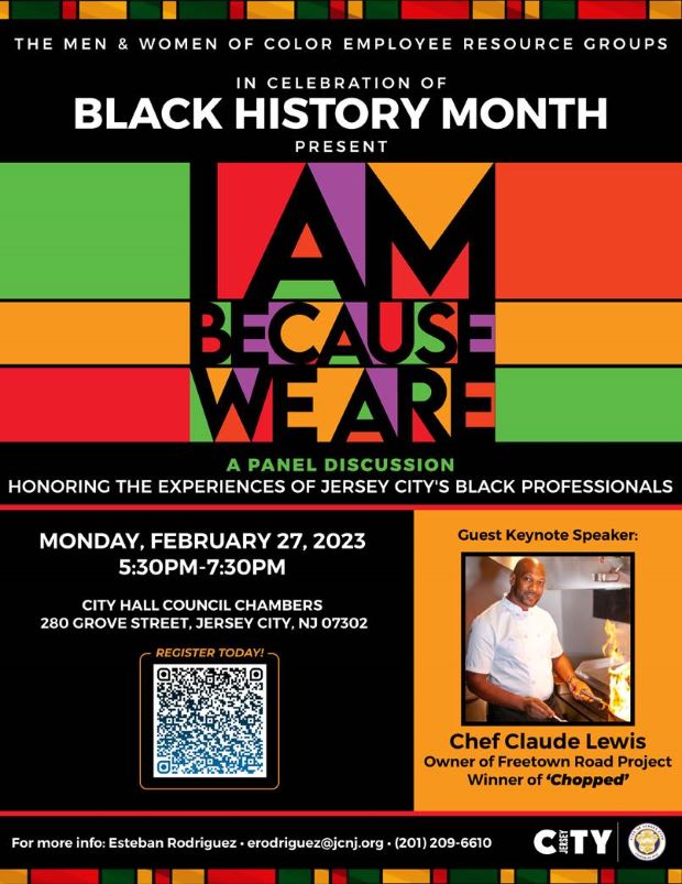 The flyer is black with green, red, yellow, purple and orange blocks in the center and to and bottom of the page. The information is listed throughout the entire page. The key note speaker, Chef Claude Lewis, is pictured in the lower right corner. 