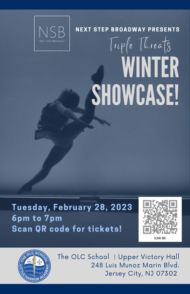 The flyer is grayish blue with a ballerina performing center left of the flyer. The information is listed in the top right corner of the flyer and the bottom of the flyer. 