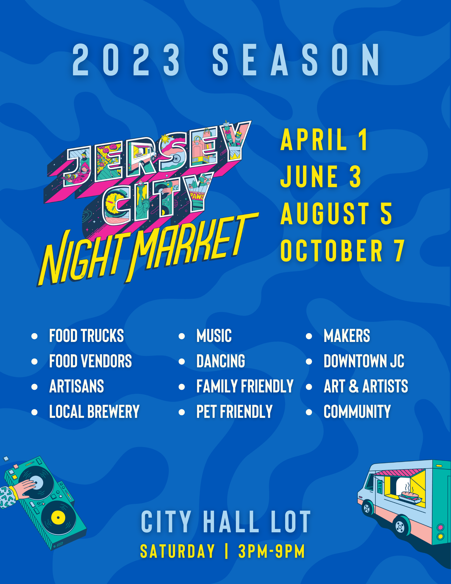 THE JERSEY CITY NIGHT MARKET OCTOBER 7TH FROM 3PM TO 9PM AT THE CITY HALL LOT ON MARIN AND MONTGOMERY AVE.