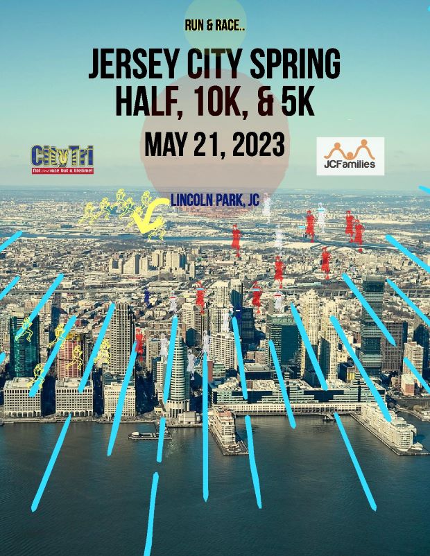 The flyer is an aerial picture of jersey city from the water front looking west. The information for the race is listed at the top of the flyer. 