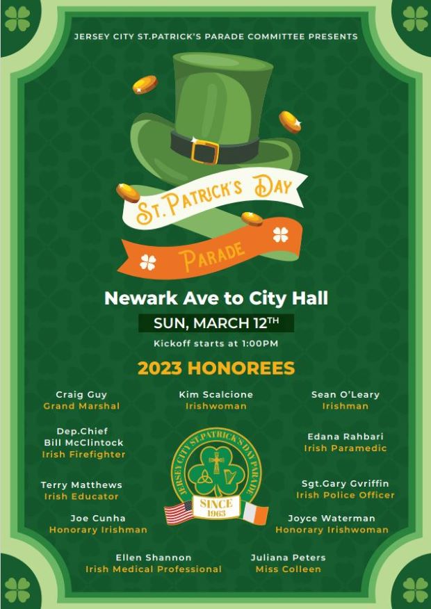 The flyer is green with shamrocks on each corner of the page and framed with different shades of green. At the top is a green top hat with a black belt and gold buckle and gold coins floating around it. There is a white and orange ribbon with St. Patrick's Day Parade written on the ribbons. The lower half of the page is all the information for the parade and the honorees are listed.