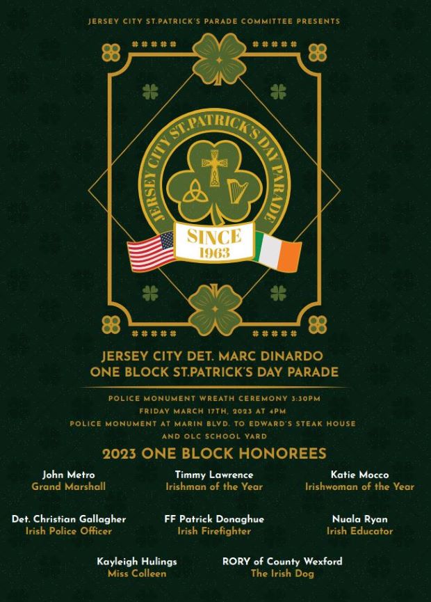 A forest green flyer with a design of a frames out a shamrock with 3 different Irish symbols . A cross, the Celtic symbol and a harp. Below this is an American flag with the day Since 1963 ten an Irish Flag on the right side of the date. The lower half of the page is al the information for the event and list of Honorees.