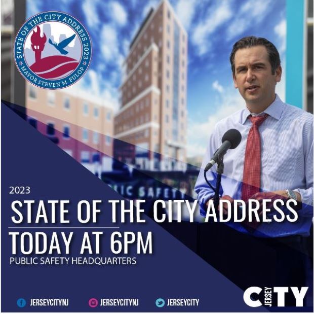 THE CITY SEAL IS IN THE TOP LEFT CORNER. THE FLYER IS A PICTURE OF THE MAYOR WITH THE NEW PUBLIC SAFETY BUILDING IN THE BACKGROUND. THE INFORMATION IS LISTED ALONG THE BOTTOM OF THE PAGE.