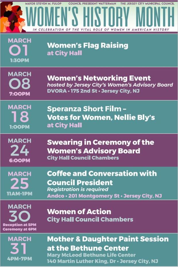 The top left corner is a picture of 5 different women. The entire flyer is a listing of all events throughout the month for Women's History Month. 