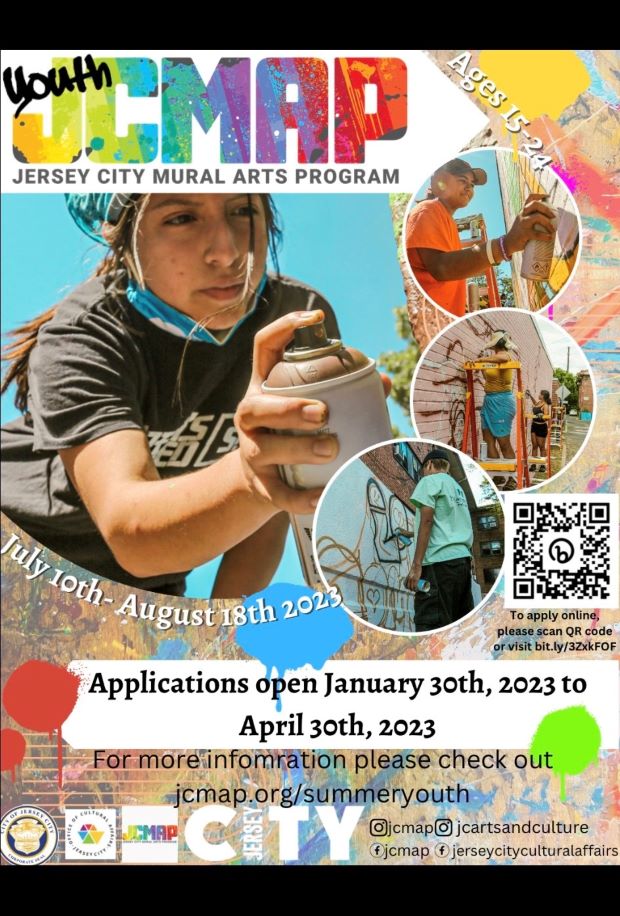 The flyer is a picture of a young woman with a spray paint can working on a mural. There are 3 smaller photos in circles to the left of the page with young people working on murals. The background is a wall with spray paint marks on it. The information is listed on the lower portion of the flyer.  