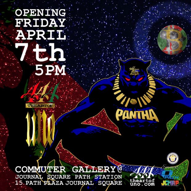 The flyer is red with white star like dots along the right side and black and blue with star like dots. There is a panther character in the right lower left corner of the page with red eyes and wearing a gold necklace. The information for the exhibition is listed in the top left corner and along the bottom of the page.