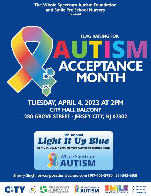 The flyer is royal blue. There is an autism ribbon with puzzle pieces missing. The Autism is in rainbow colors with all the information for the event listed down the middle of the page,