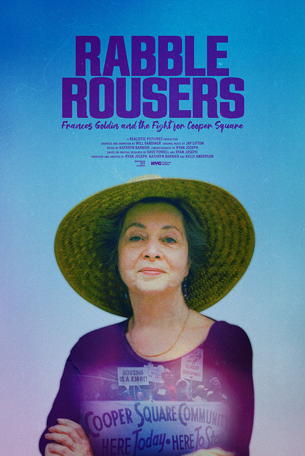 The flyer has the announcement at the top half of the page. The lower part is a picture of Frances Goldin with a straw hat on. 