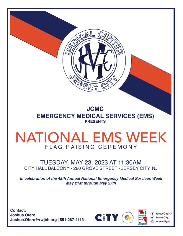 The flyer is white with a navy and orange ribbon slanted from left to right at the top of the page with the JCMC seal in the middle of the ribbon. The information for the flag raising is listed in the center of the page to the bottom.