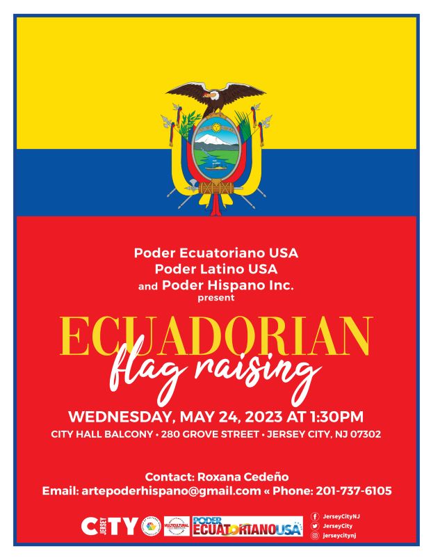 The flyer is layered he colors the Ecuadorian flag. Yellow then blue then red. The crest is centered at the top of the page. The information is listed down the middle to the bottom of the page.