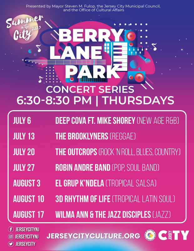 The flyer is purple then fades into pink. There is a guitar and keyboard with Berry Lane Park written in the art work. The information is listed below for all the events in this series. 