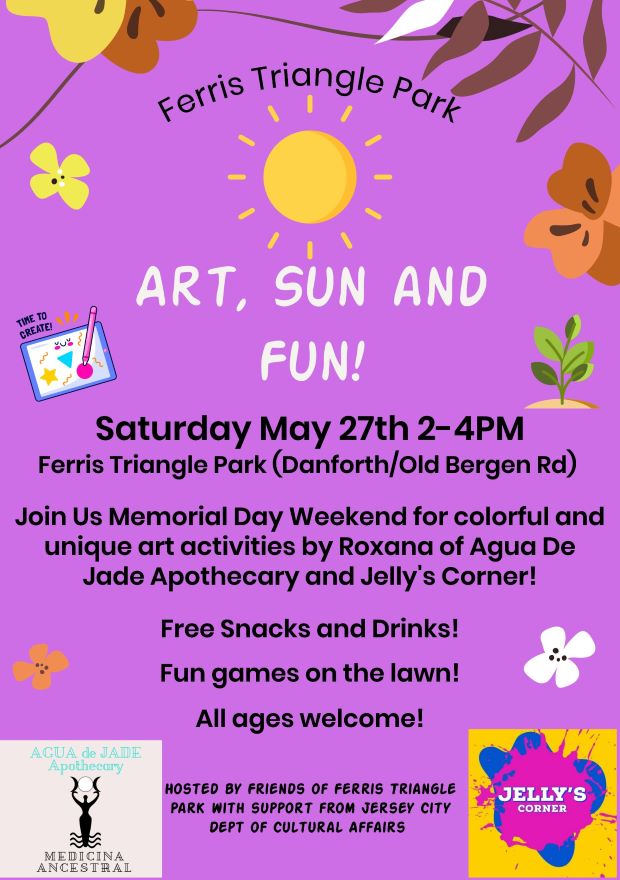 A purple flyer with some flowers placed around the boarder and a sun shining at the top center of the page. The information for the event is listed throughout the entire page. 