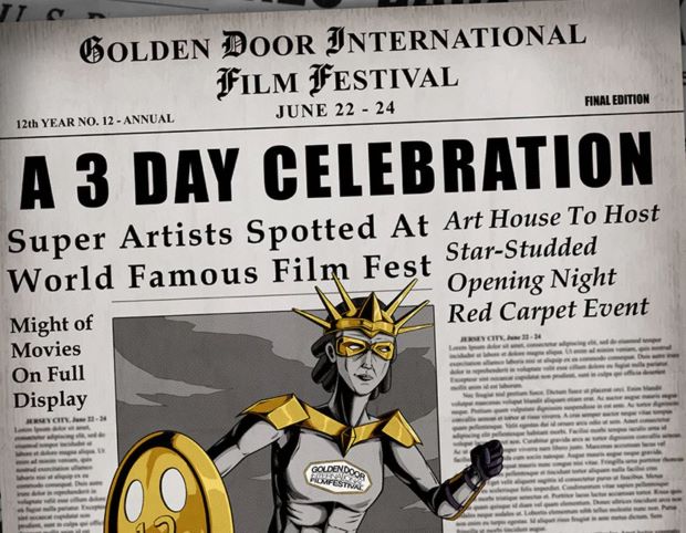 The flyer is a newspaper headline page with a woman super hero in the center cover shot. The information for the event is listed along the top of the page. 