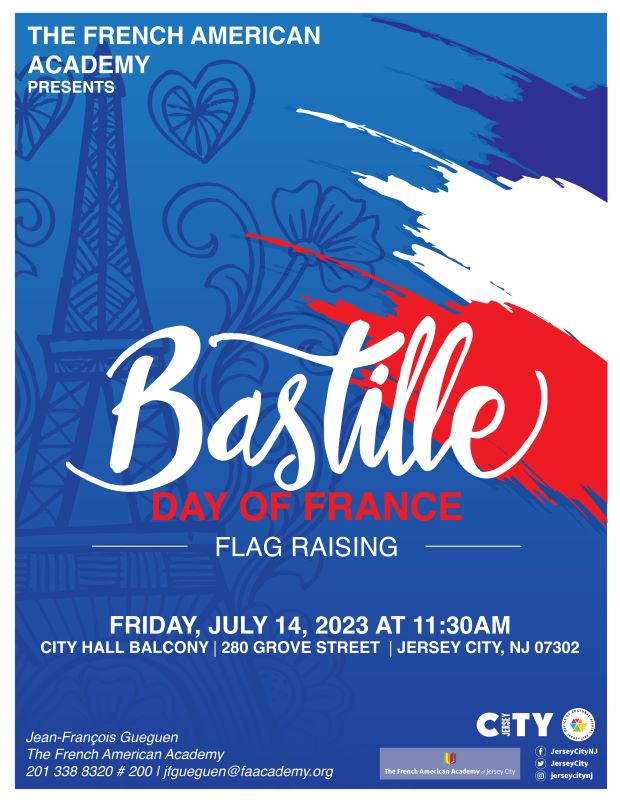 The flyer is blue with a drawing of the Eifel Tower on the left side and splashes of the flag colors blue, white and red on the right side. The information for the event is in the middle and lower portion of the flyer. 